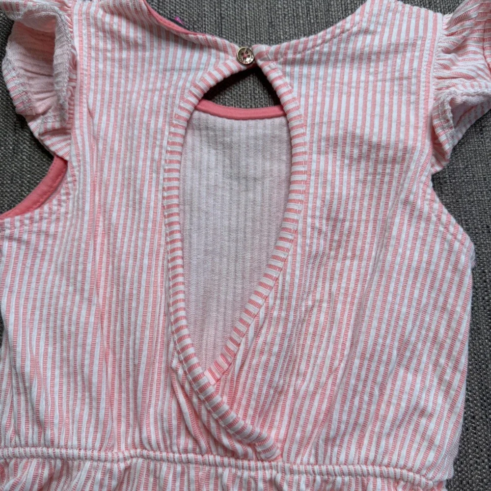 Vince Camuto Girls Pink White Striped Ruffle Sleeve Romper Size 10